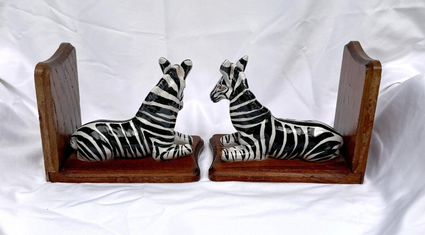 Vintage Hand-Painted Ceramic & Wood Zebra Bookends (SmM)