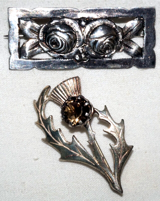 2Pc Vintage US/Scotland Sterling Silver Thistle & Quartz & Rose Brooch (KoS) L10