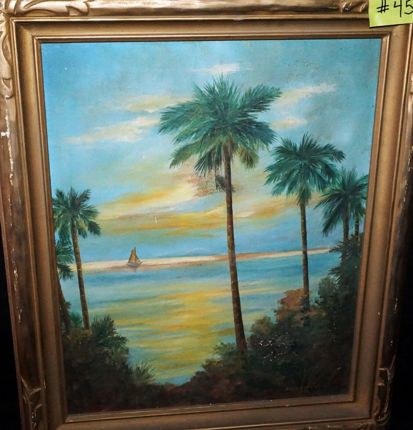 1938 California Framed Oil Painting "Palms & Sailboat" by Mary I. Hoopes (***)