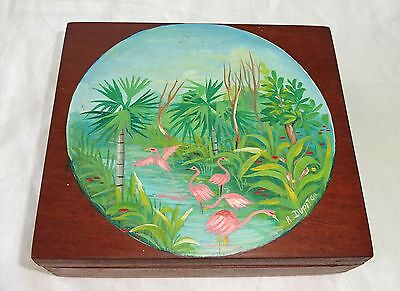 1980s Haitian Mahogany Covered Box w Painted Pelican Motif by R. Dupiton (Stea)