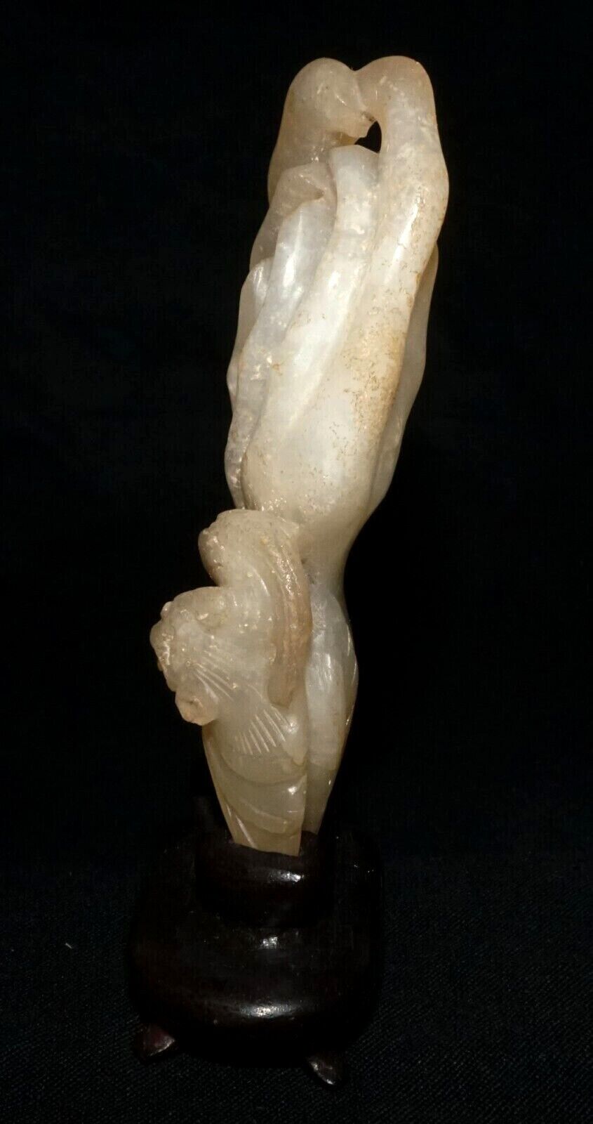 Antique Chinese Yellow Jade Buddha Hand Lemon & Bat Carving Fitted Stand (FeH)