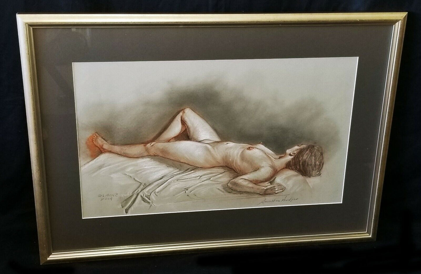 Hawaii Framed Mixed Media Painting Sleeping Nude by Snowden Hodges (Sho)