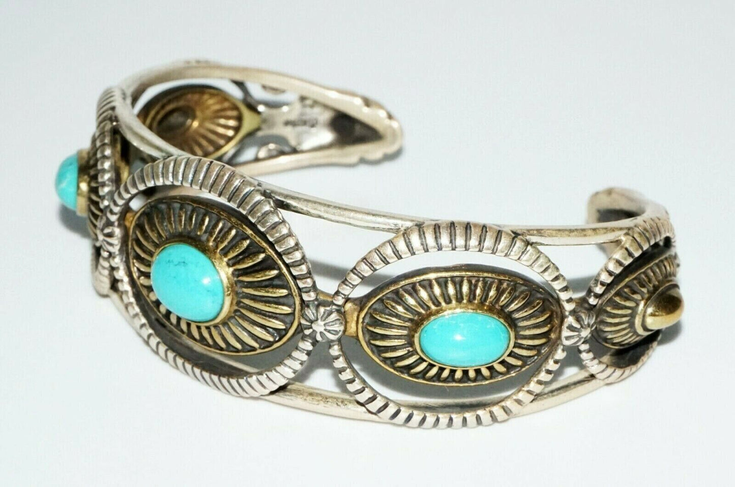 Vintage S.W. Sterling Silver & Brass Bracelet w. Turquoise by Relios (SaR)#218