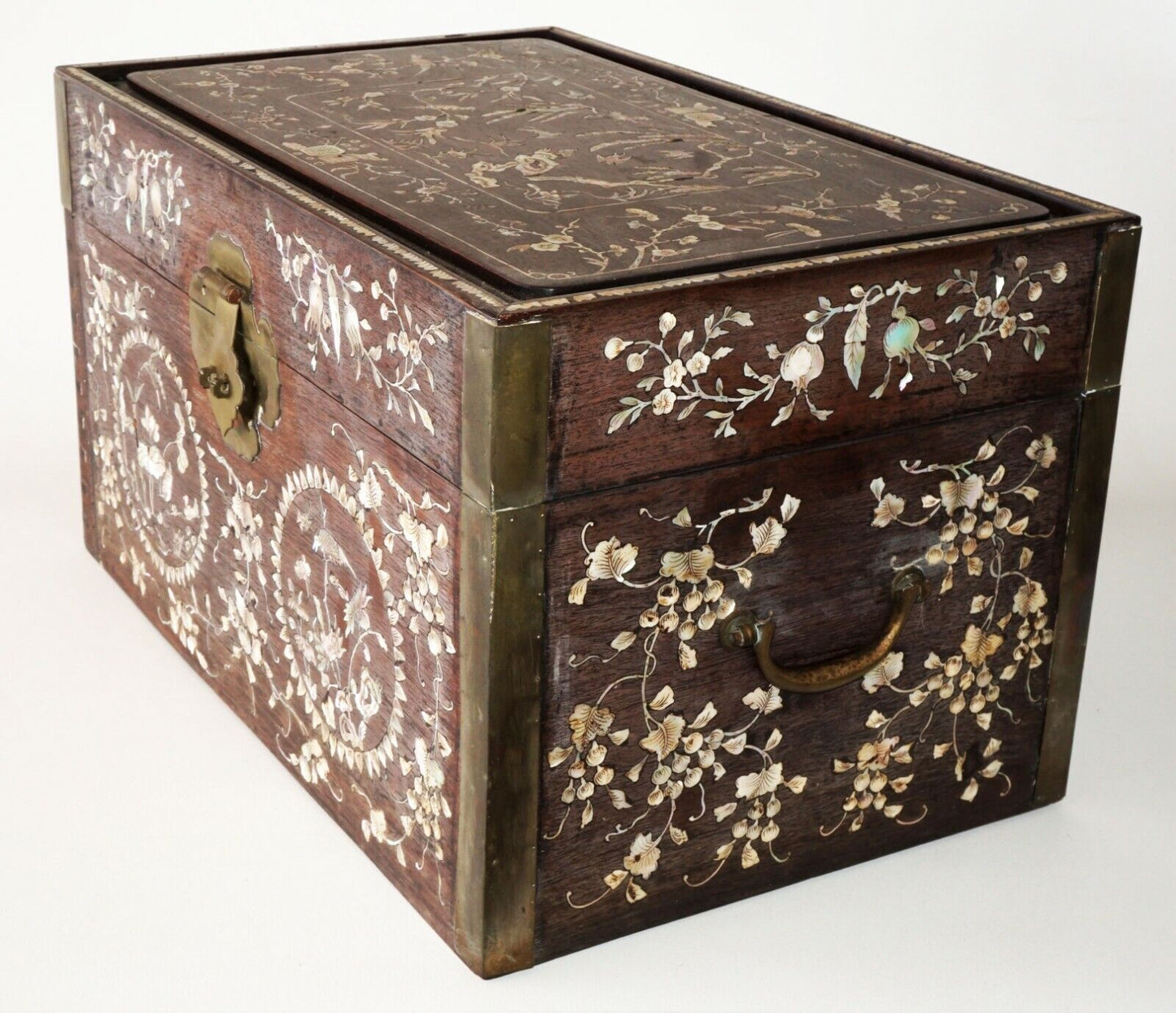 Chinese Large Hardwood Storage Chest w. MoP Inlay Birds & Flower Motifs (RiS)