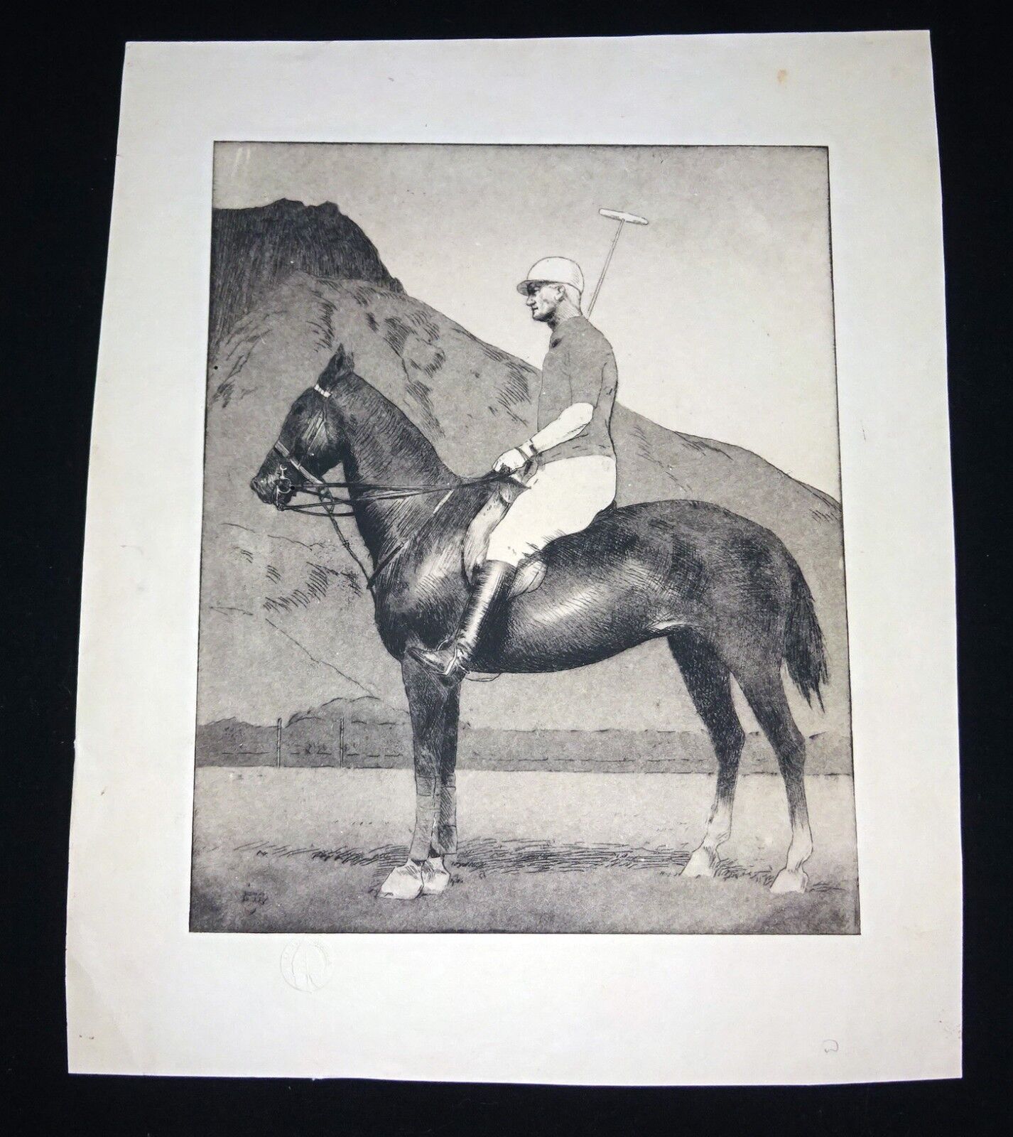 1930 Hawaii Etching Print Polo Horse & Rider & Diamond Head by John M Kelly (Kel