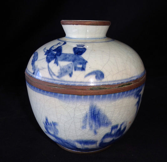 19C Chinese Blue & White Design Covered Pot w. Figures in Landscape Motif (Drc)