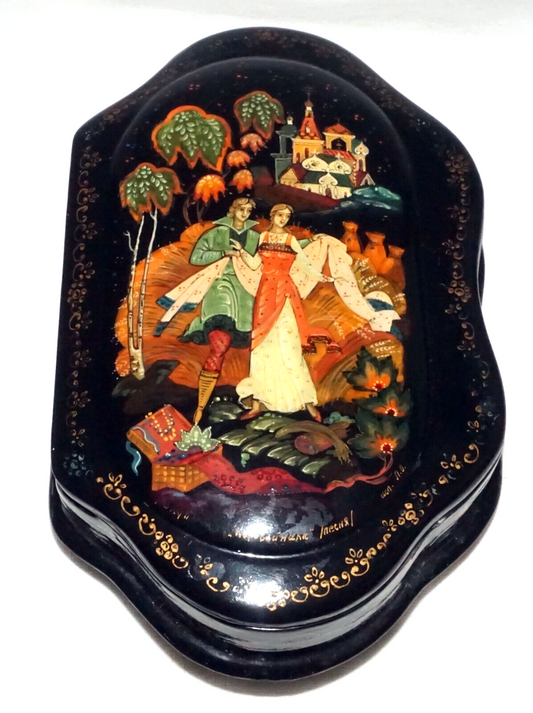 Vintage Russian Hinged Top Lacquer Box Figures in Landscape signed (AHB)