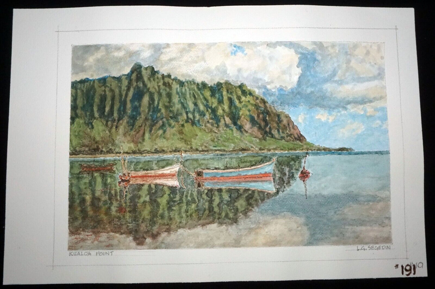 Hawaii Watercolor Painting Kualoa Point with Fishing Boats by Larry Segedin #191