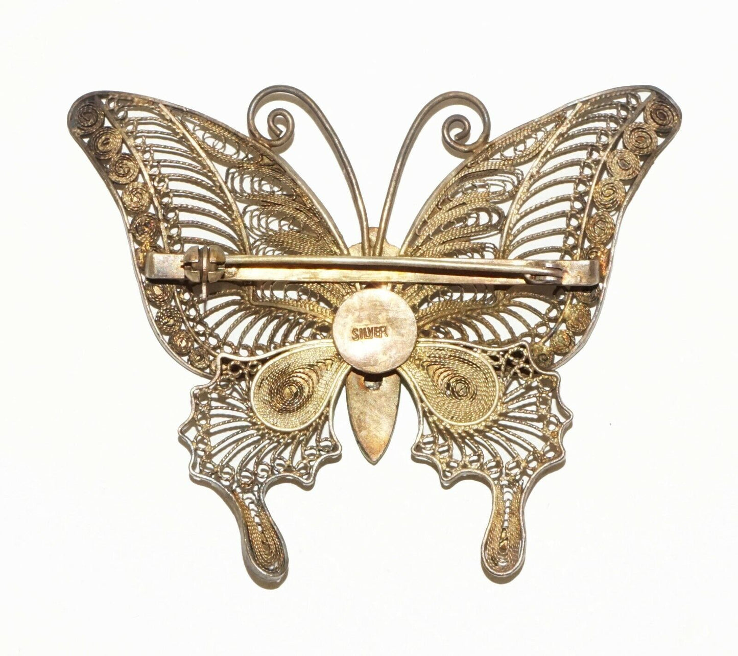 Vintage Chinese Gilt Silver Filigree & Enamel Large Butterfly Brooch (BrM)#15