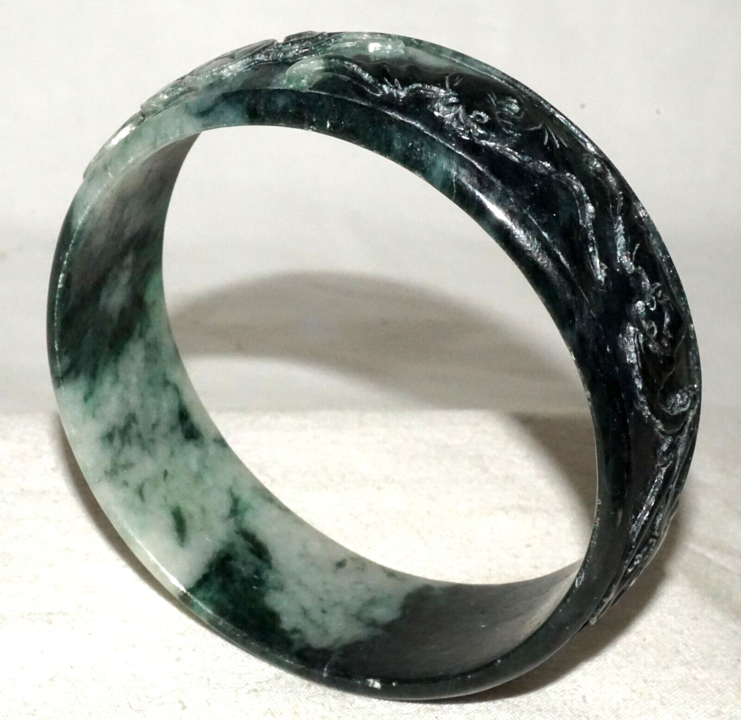 Vintage Chinese White & Green Jadeite Jade Bangle Bracelet Bat & Coin (LeS)L25