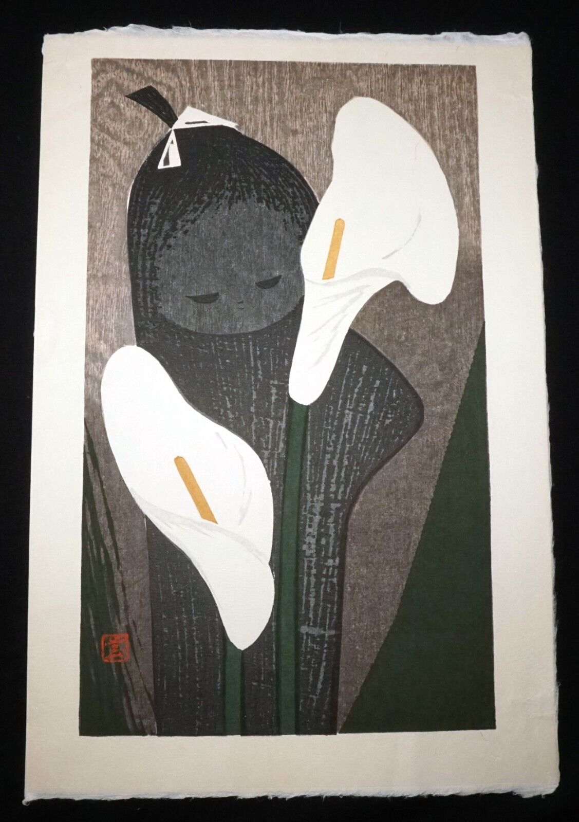 1950s Japanese Woodblock Print Girl & Anthuriums Kawano Kaoru (1916-1965)(KiL)4