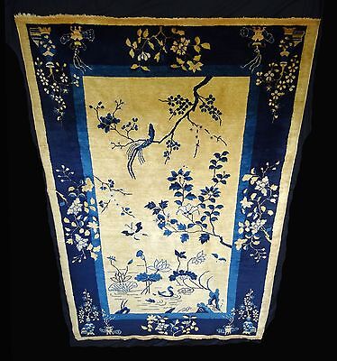 1920s Chinese Blue & Gold Wool Pile Rug w. Auspicious Motifs 92"x 60" (Sig)