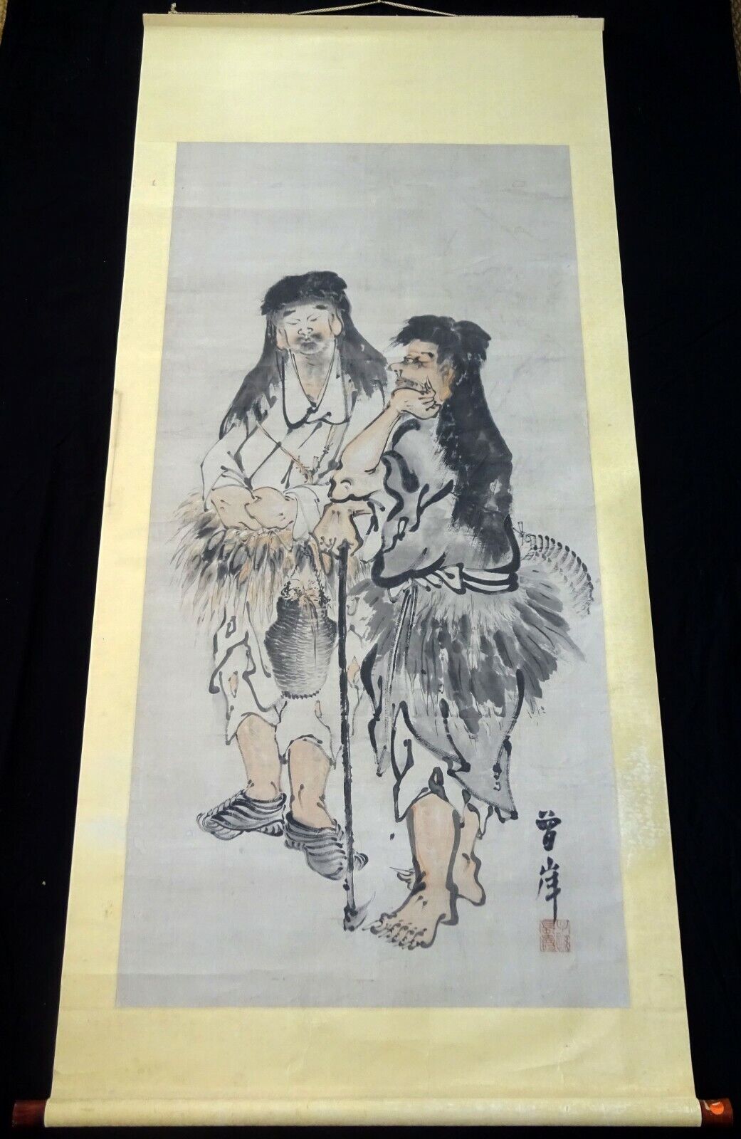 19C Chinese Ink Painting on Paper Scroll Two Daoist Immortals sign Cengan (StP)