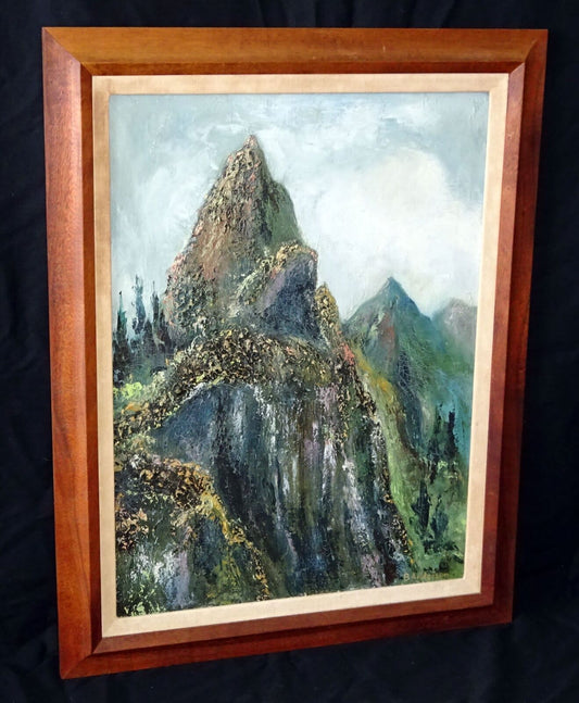 1970s Hawaii Koa Framed Oil Painting "Nuuanu Pali, Oahu" by B. Anderson (Kan)