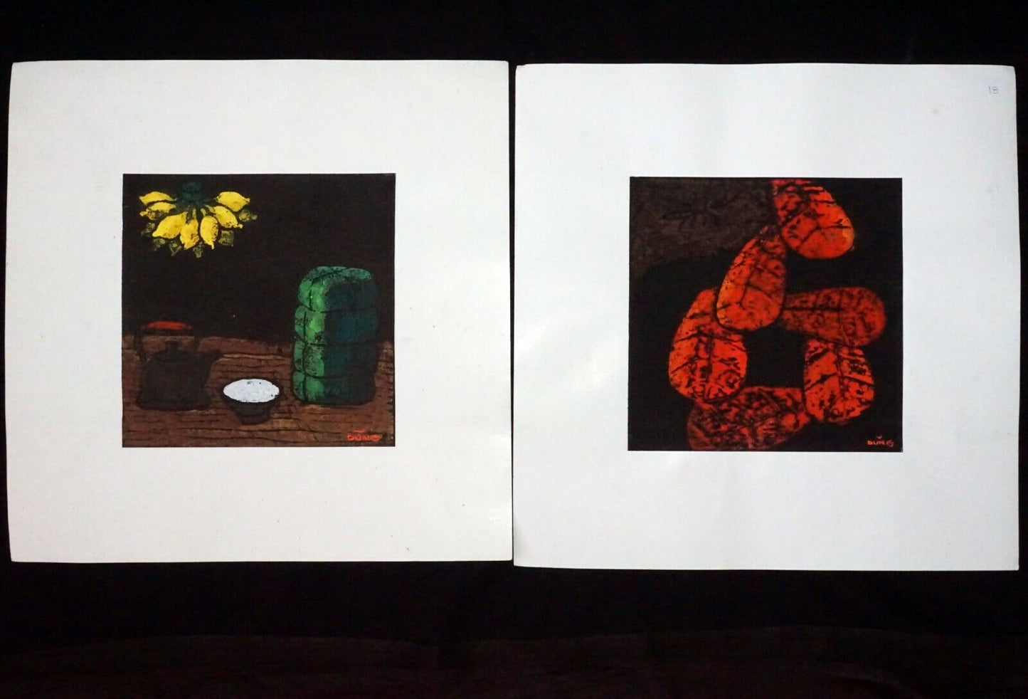 2x Vintage Vietnamese Floral & Tea Still Life Serigraph Prints by Dung (Nap)