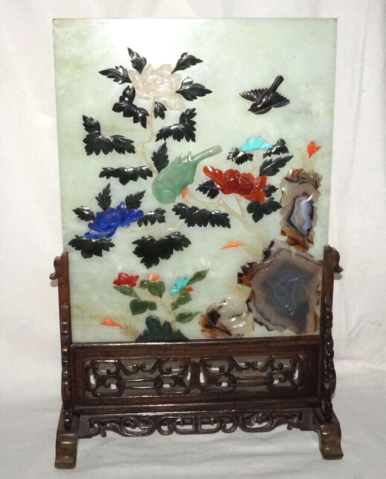 Vintage Chinese Serpentine Table Screen Gemstones Birds & Flowers on Stand (LeD)