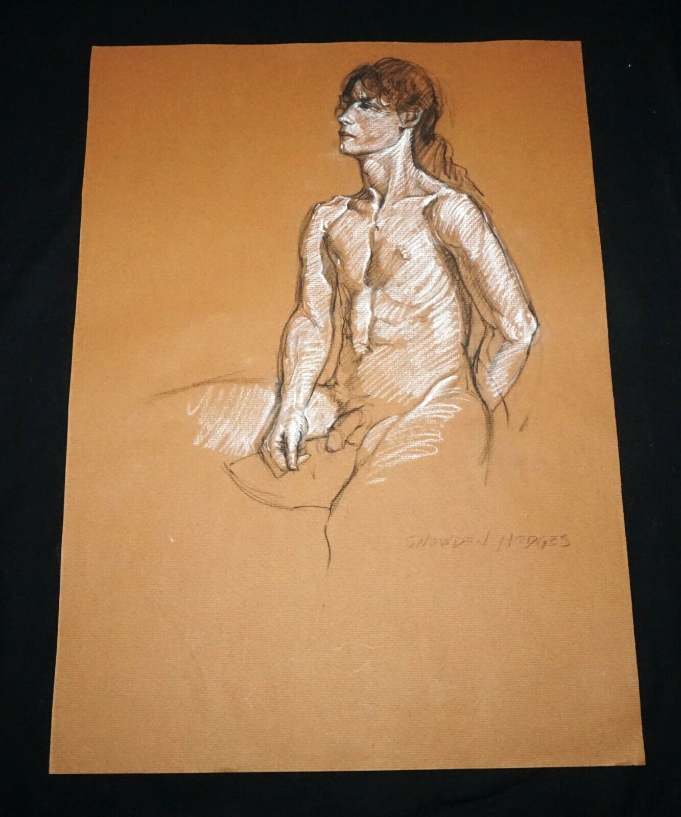 Hawaii Red/Black/White Conte Drawing Seated Male Nude by Snowden Hodges (Sho)#18