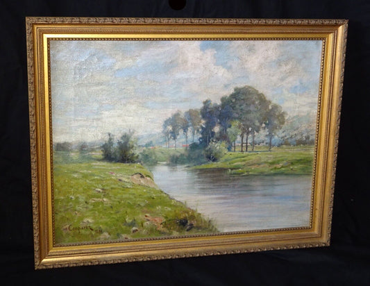 1891 Colorado Oil Painting "River Landscape" by Alexis Comparet 1856-1906 (Leh)