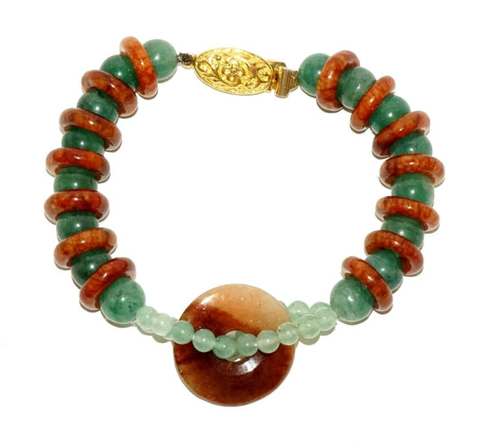 Vintage Chinese Red & Green Jadeite Jade Bead Bracelet w. Base Clasp (LeP)#13