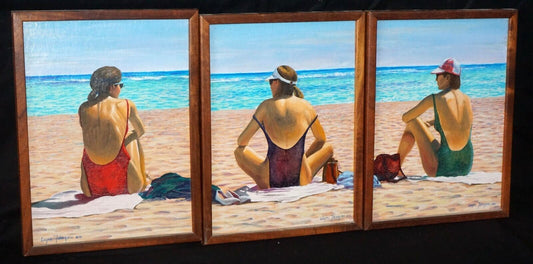 1988 Hawaii Framed Oil Painting Triptych "Three Friends" by Wayne Takazono (FeH)