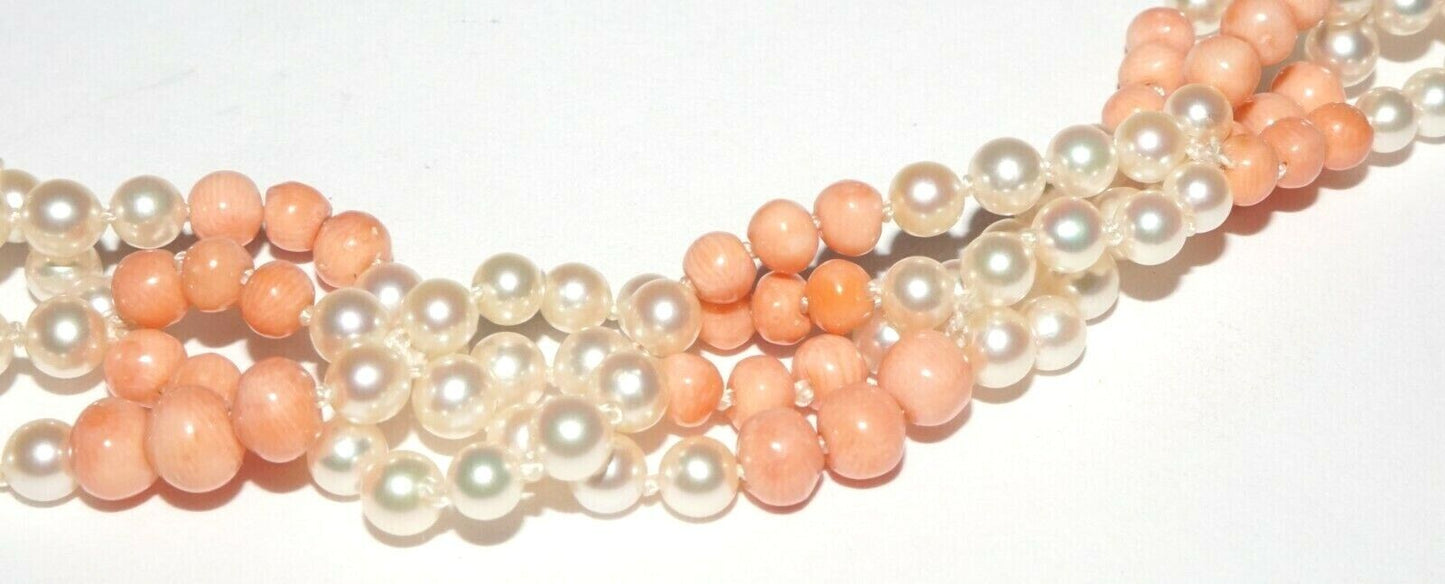 Vtg. 14K Y. Gold 4x Strand Mini Pearl & Pink Coral Bead Checker Necklace (PaS)