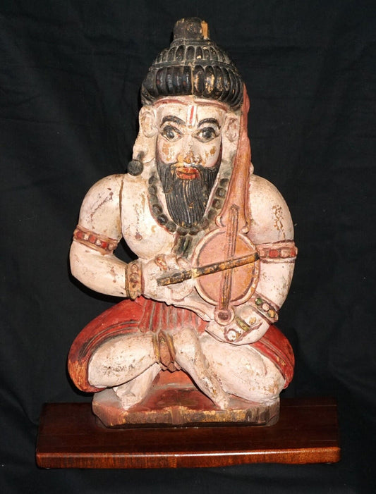 Antique Indian Hand Carved & Painted Wood Figurine of a Temple Musician (HiC)