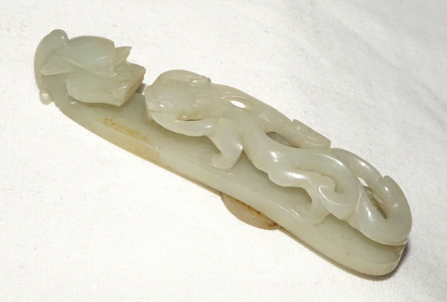 Antique Chinese Grey Green Nephrite Jade Dragon Belt Hook (UVi)#3