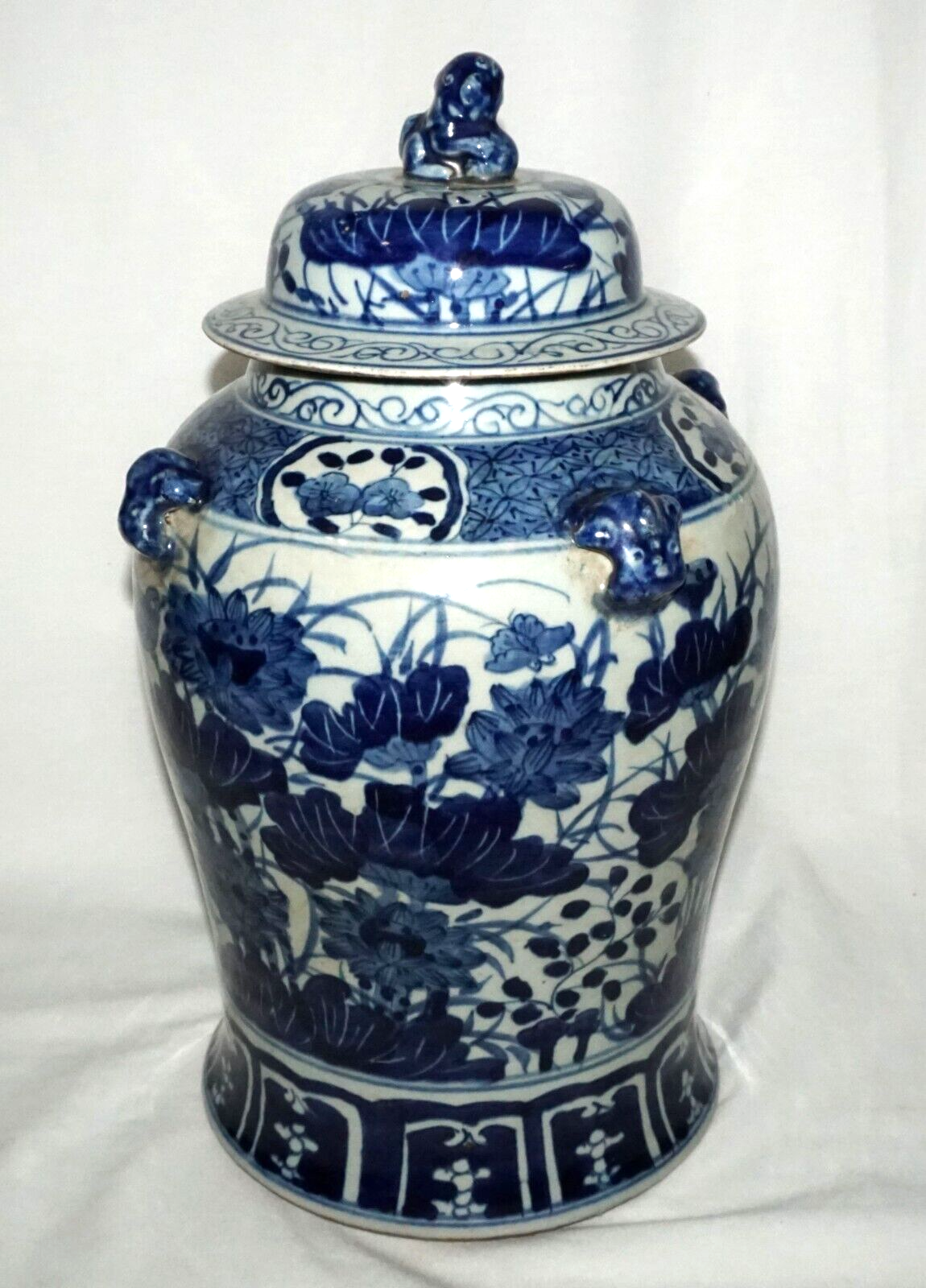 Antique Chinese Covered Jar w. Lotus & Bird Motifs in Blue Enamels (NiC)