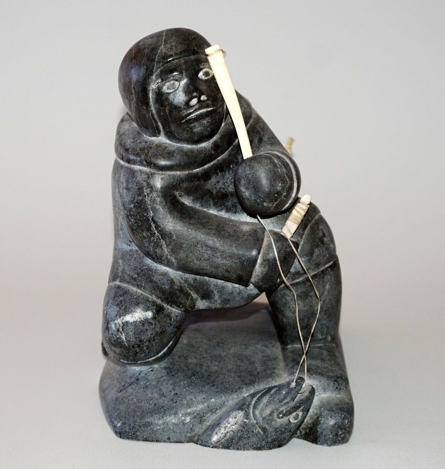 74 Canada Eskimo Stone Carved Ice Fishers Sculpture by Thomassie Tookalook (Kor)