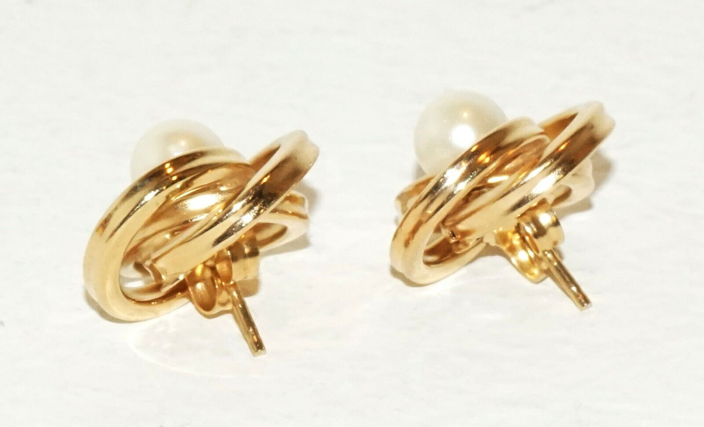Pair Vintage 14K Yellow Gold Triple Ring and Pearl Design Earrings (HaL)#3