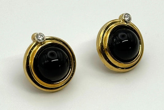 Vintage 18k Yellow Gold Onyx & Diamond Button Earrings (KnK)