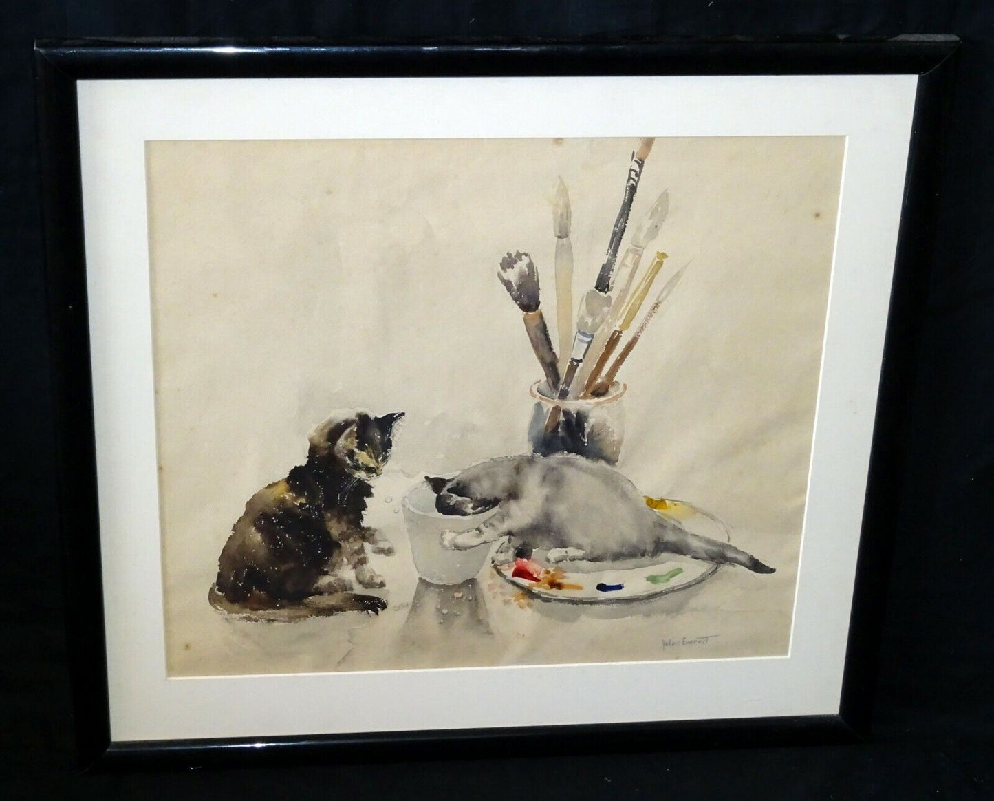 1950s US WC Still Life Painting Two Cats by Helen F. Everett (1883-1965)(CuM)