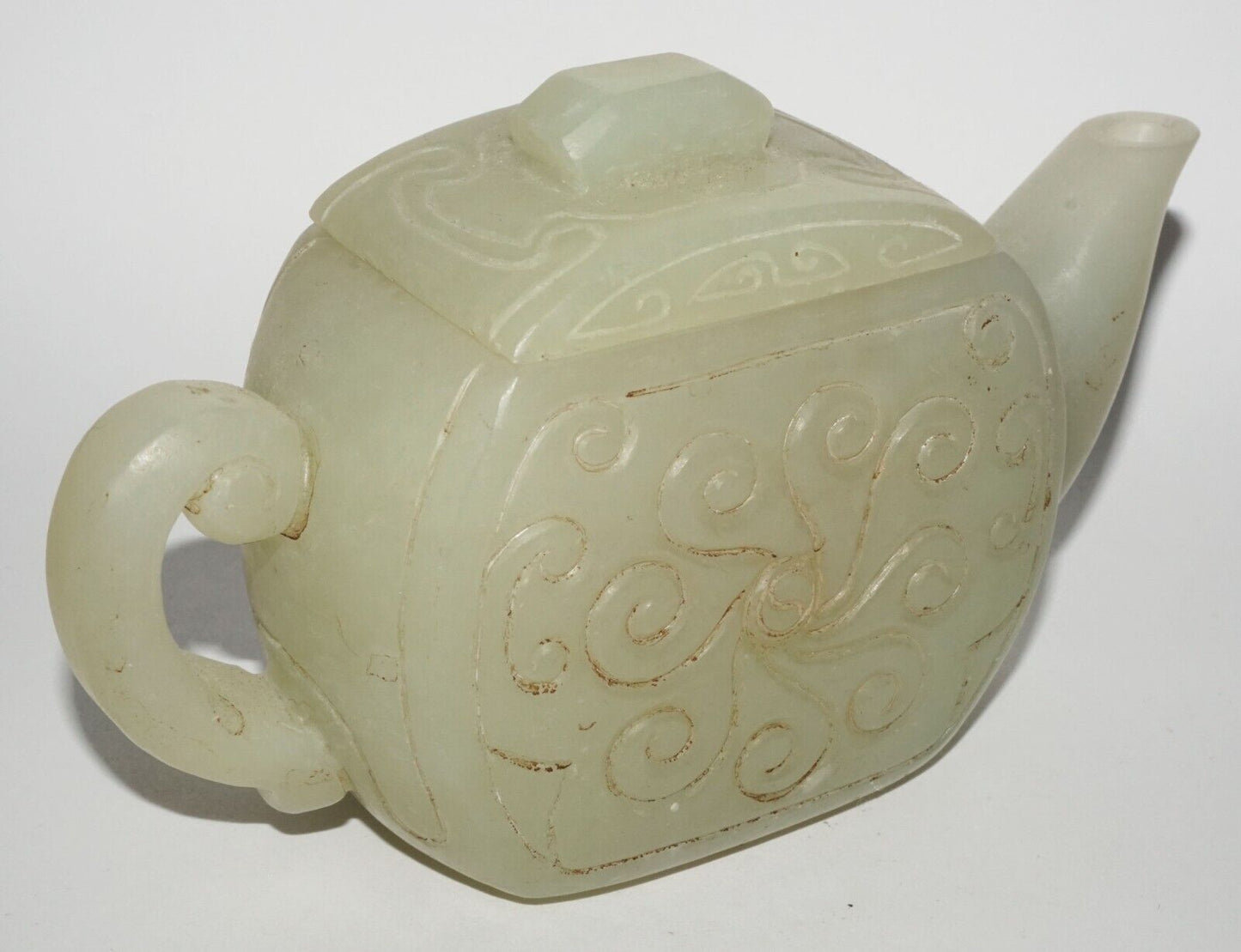 Vintage Chinese Nephrite Jade Carved Tea Pot w Incised Curvilinear Motifs (LeS)