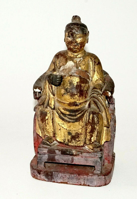 17/18C Chinese Gilt Wooden Folk Carving Seated Deity (MeE)