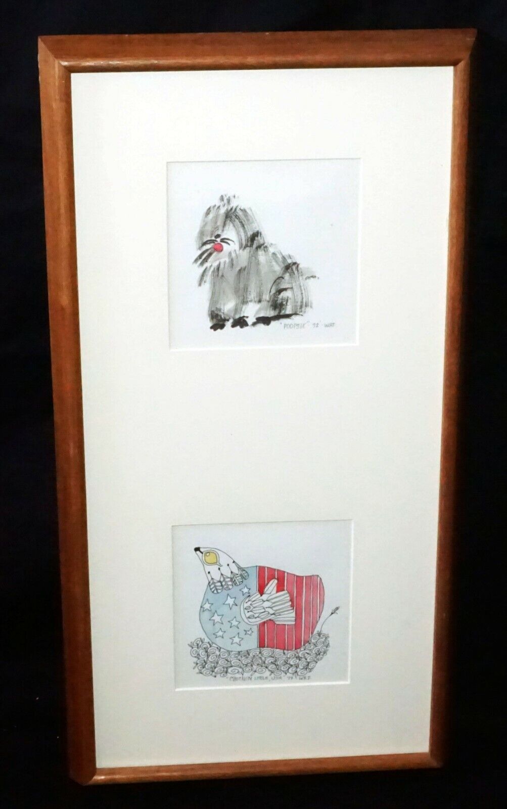 1972 US Koa Framed 2x Color Print Whimsical Grouping signed W.R.T. (CWo)