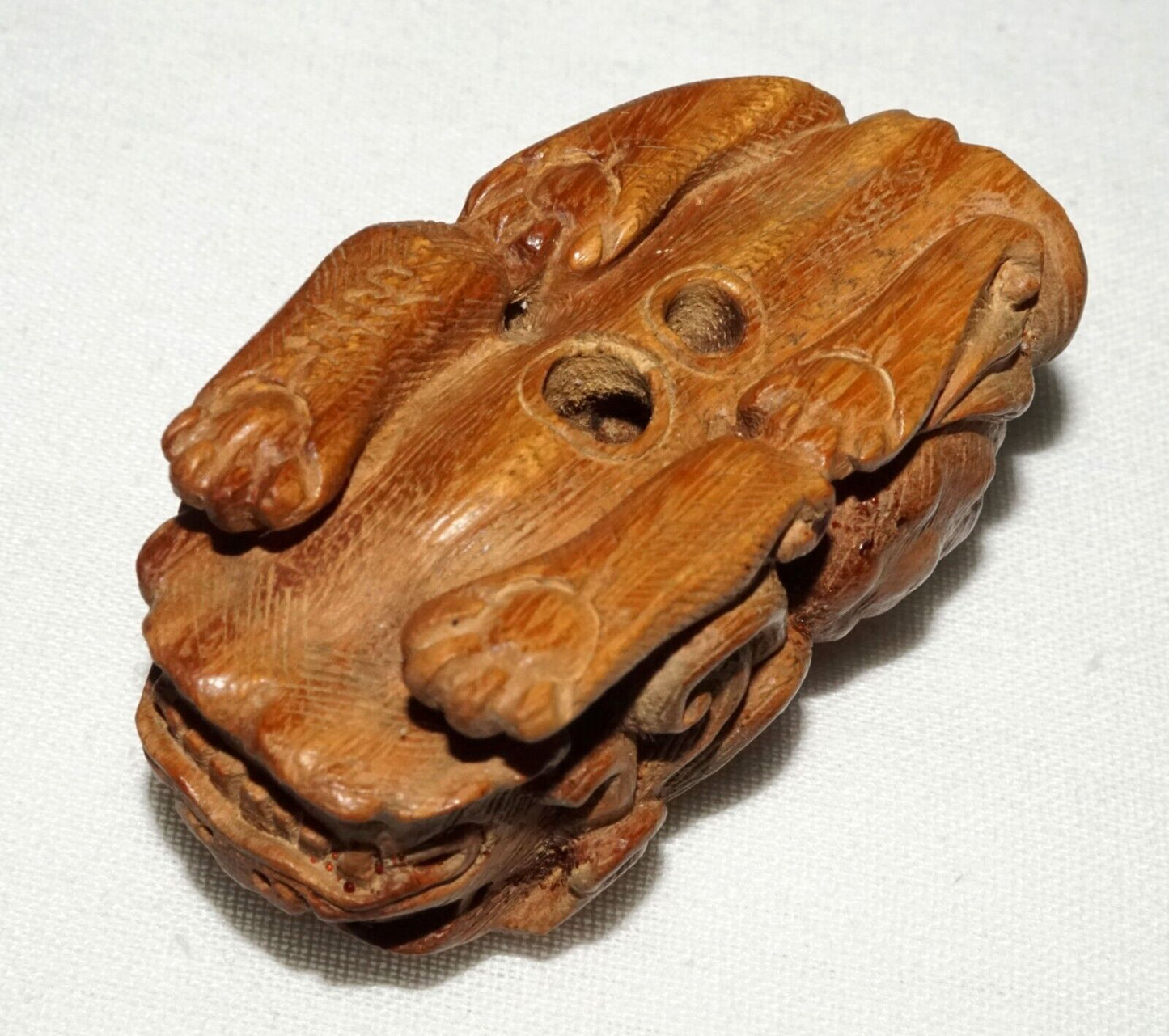 Vintage Japanese Wooden Carved Netsukes Squatting Lion Dog signed (FeH