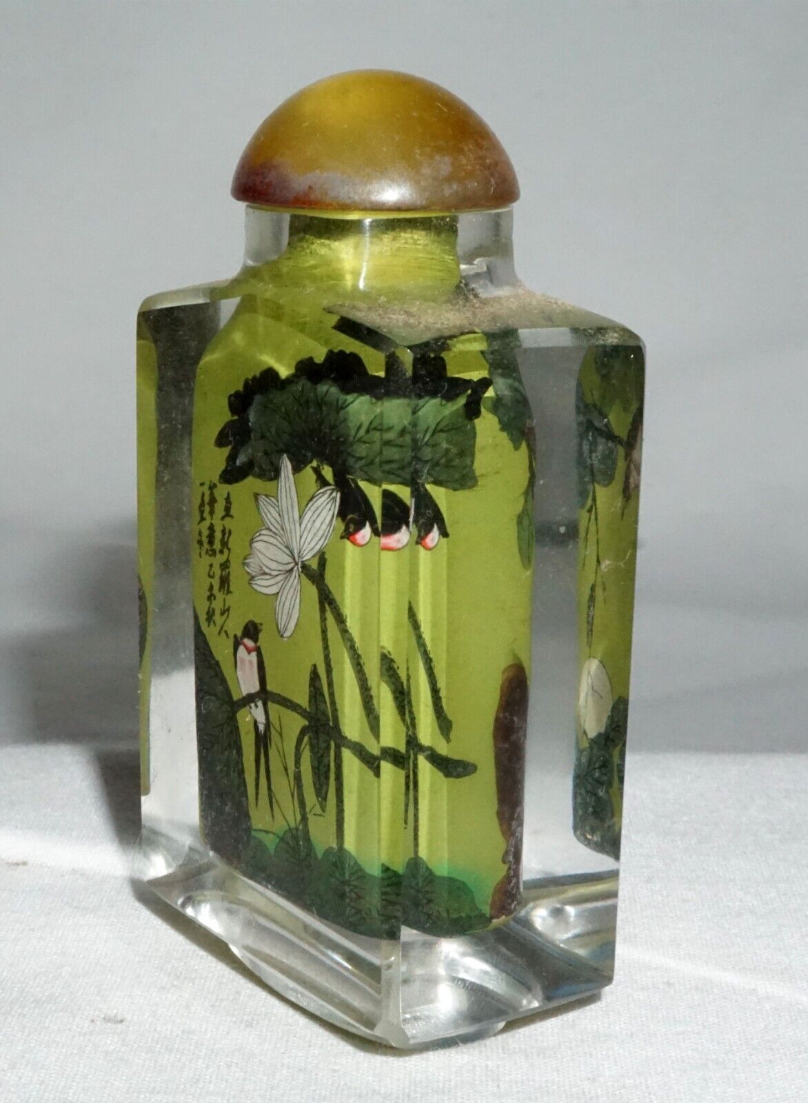 Vtg Chinese Reverse Painted Glass Snuff Bottle w Bird & Lotus Motifs (LLA) IC