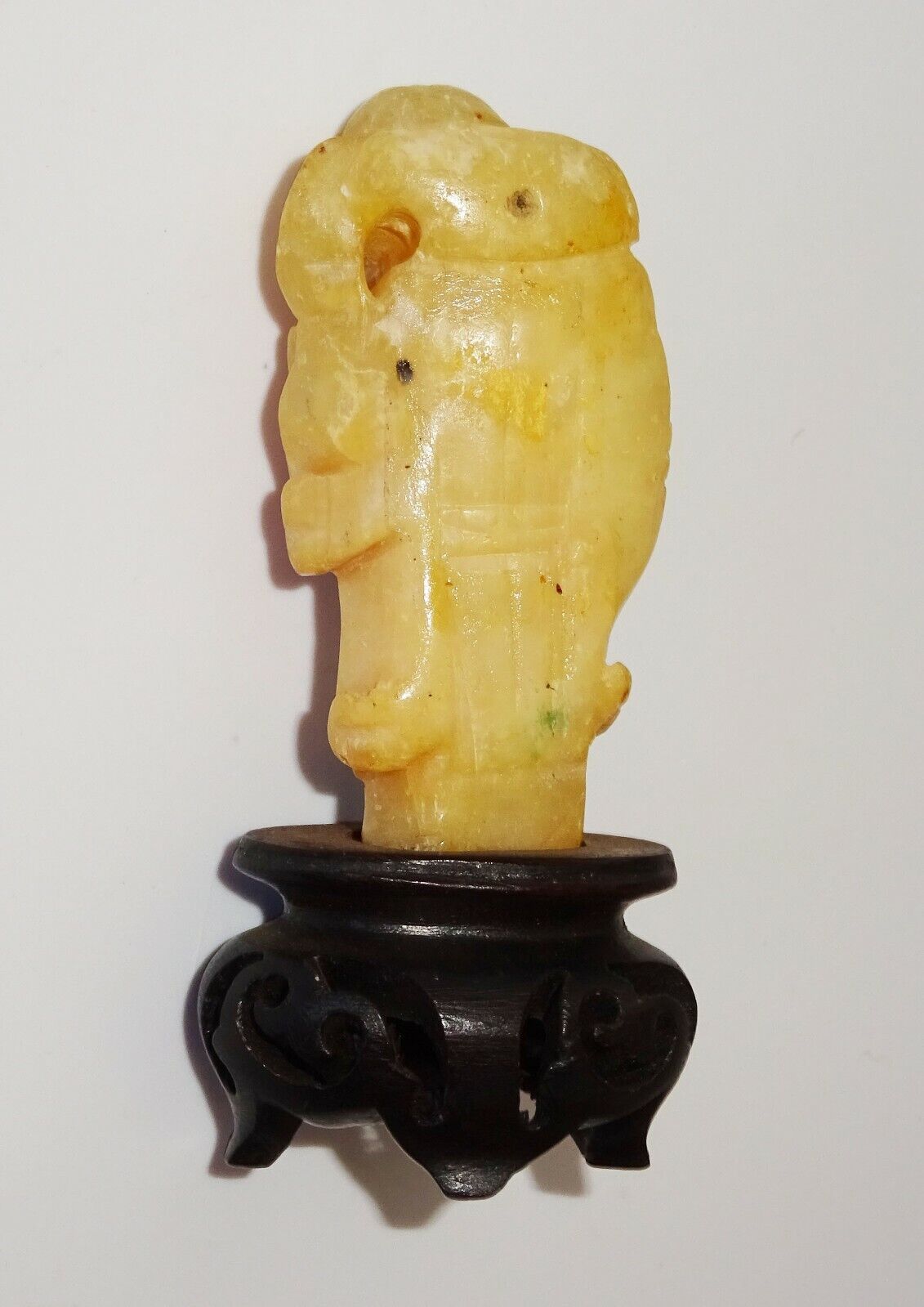 19/20C Chinese Yellow Jade Carving Deity & Gourd on Fitted Stand (FeO)#39
