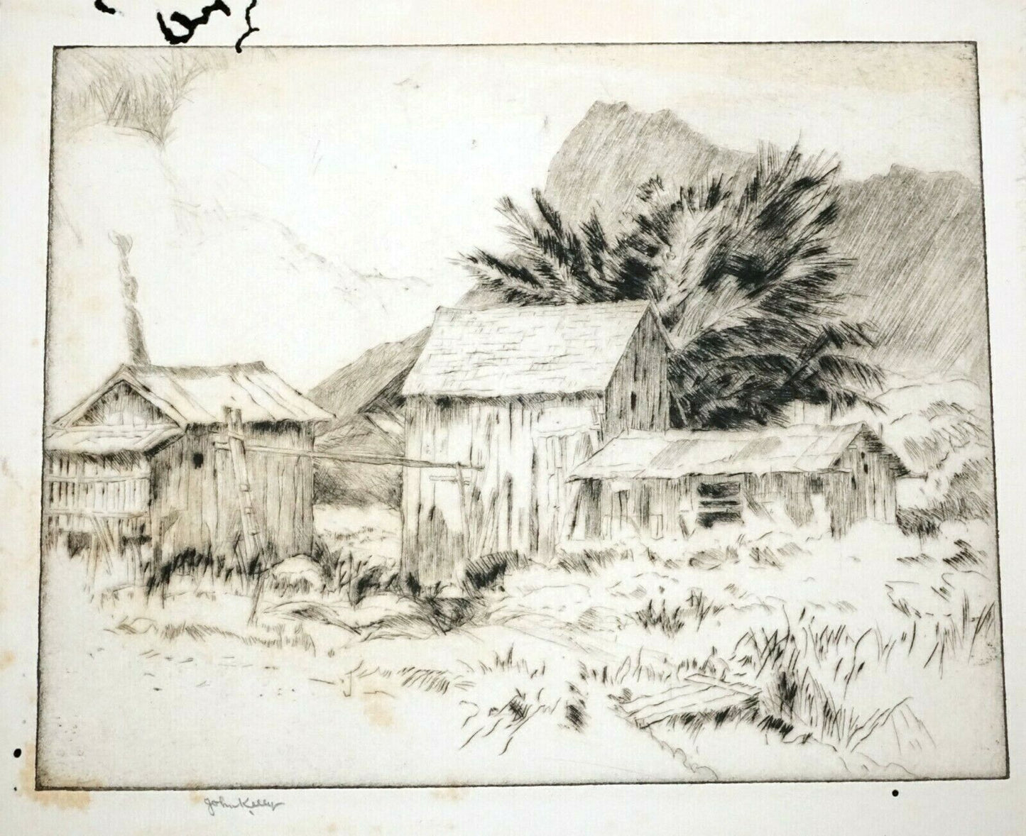 1920s Hawaii Etching Print "Homestead" by John Melville Kelly (1879-1962)(Kel)