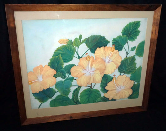 1950s Hawaii Koa Watercolor & Pastel Painting Hibiscus by Maude Horton (New)