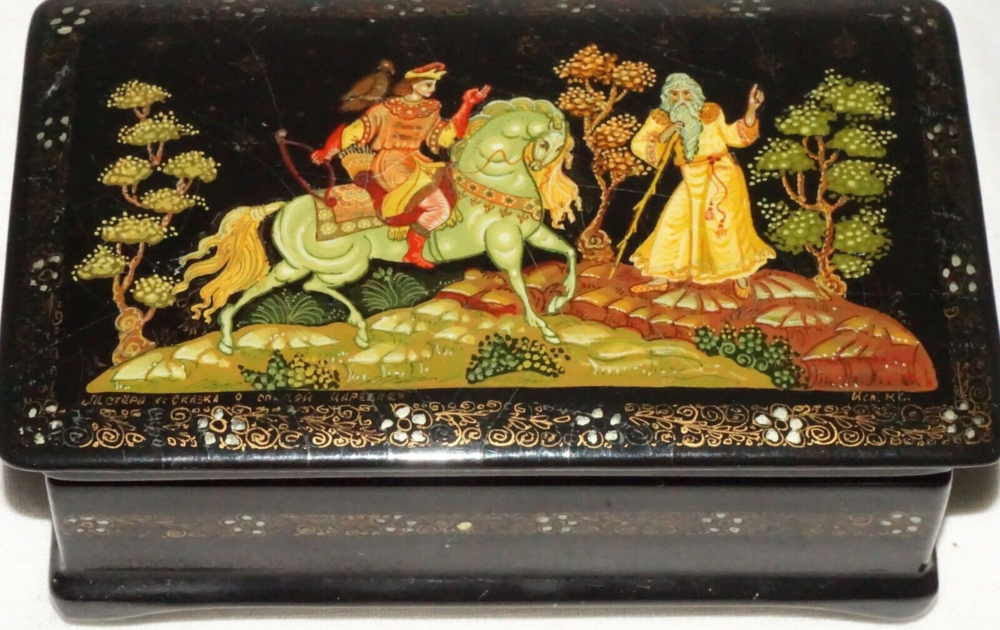 Vintage Russian Lacquer Box Hunter on Horse Back Meeting a Sage signed (AHB)