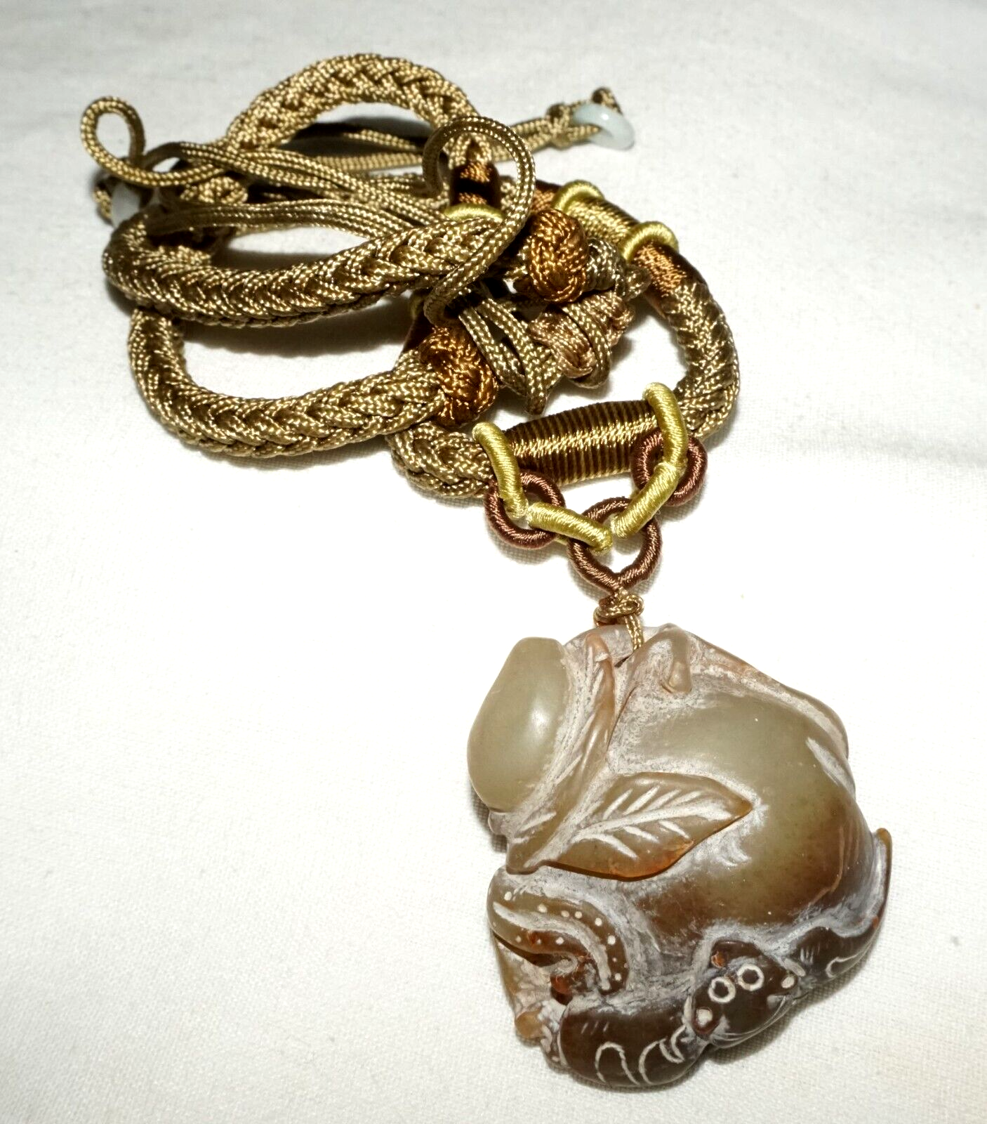 Vintage Chinese Soapstone Carving w Bat on Peach Motif & Cord Necklace (LeS)L20
