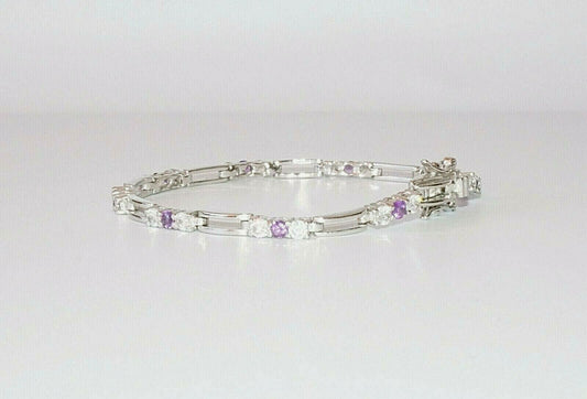 US Sterling Silver Link Bracelet set w. 9x Amethyst & 18x Cubic Zirconia (Aboh)