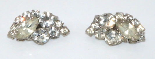 Vintage Silver tone Rhinestone Clip On Earrings w Round & Marquise Stones (McC)