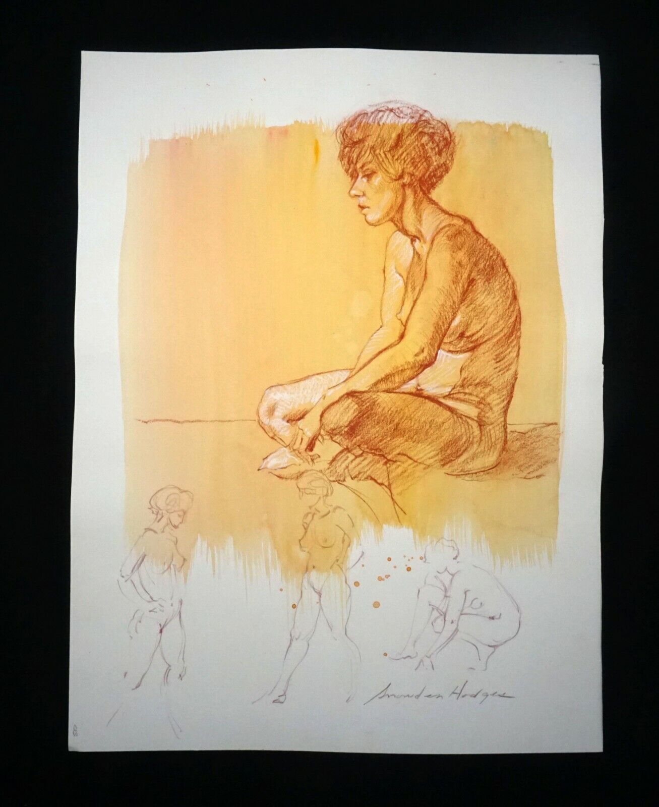 Hawaii Mixed Media Wash Painting Seated Female Nude Side Snowden Hodges(Sho)#129