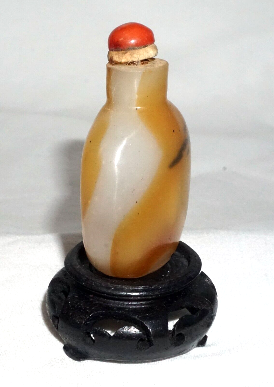 Vintage Chinese Shadow Agate Style Glass Snuff Bottle on Stand (LLA)