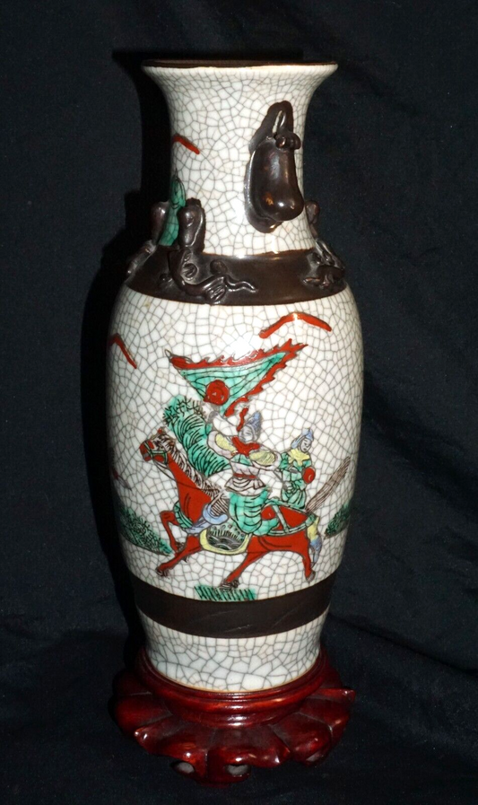 1900 Chinese Pottery Vase w. Crackled Finish Warrior on Horses Motif (ChT) IC