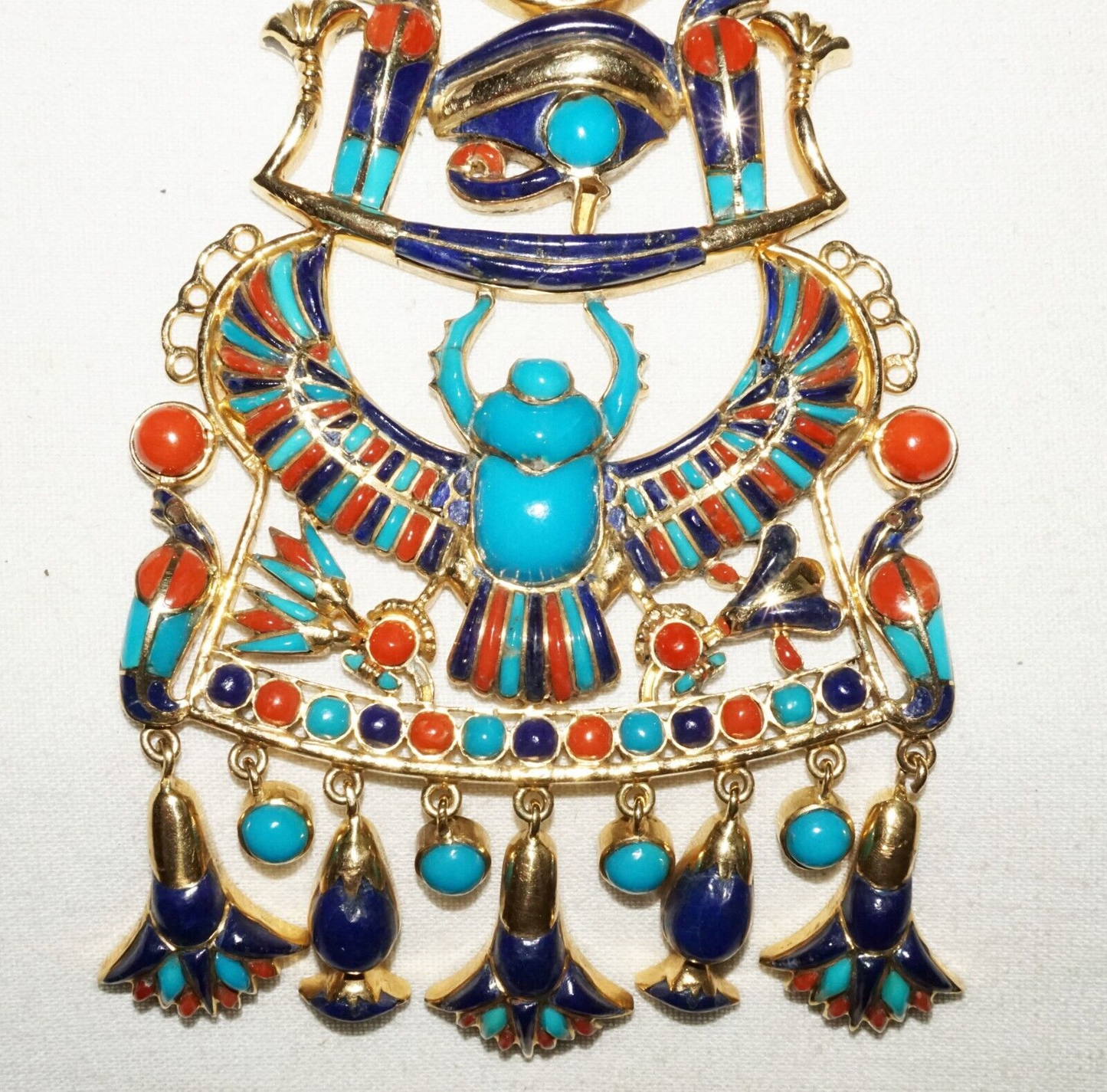 Vtg Egyptian 18k Yellow Gold & Enamel Lapis Eye Horus Ra Scarab Pendant (DaJ)