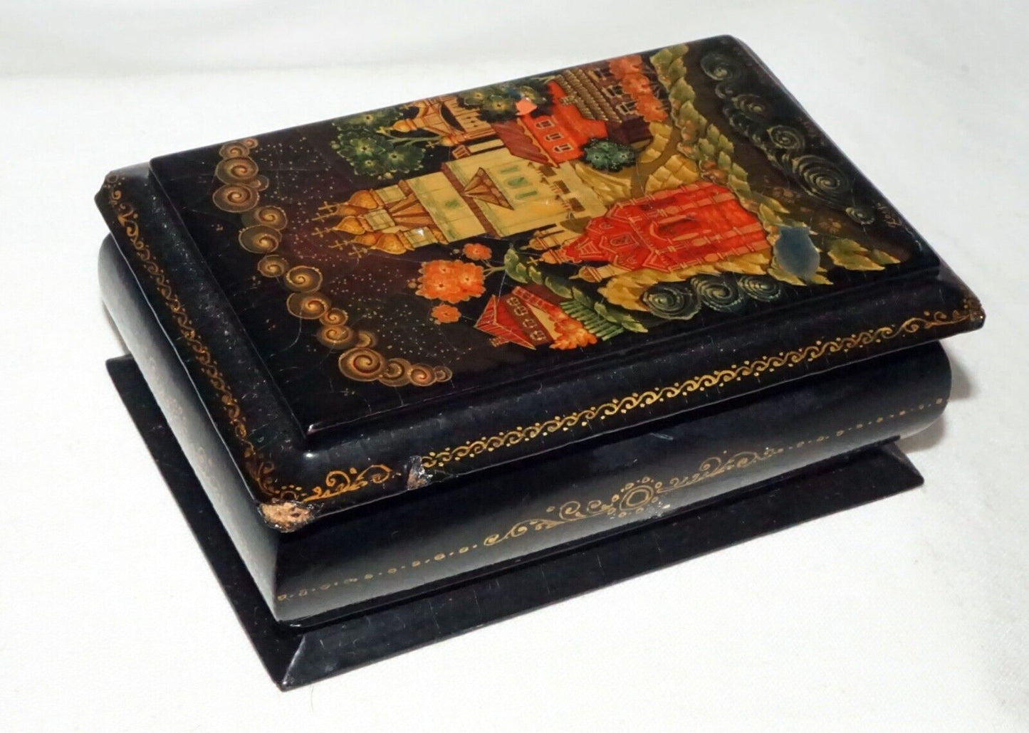 Vintage Russian Lacquer Box Church & Village Motif signed (AHB