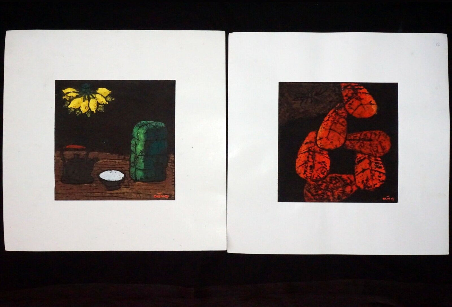 2x Vintage Vietnamese Floral & Tea Still Life Serigraph Prints by Dung (Nap)